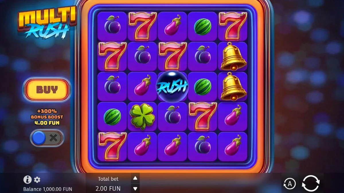 Tampilan visual slot Multi Rush dengan tema neon dan simbol buah klasik