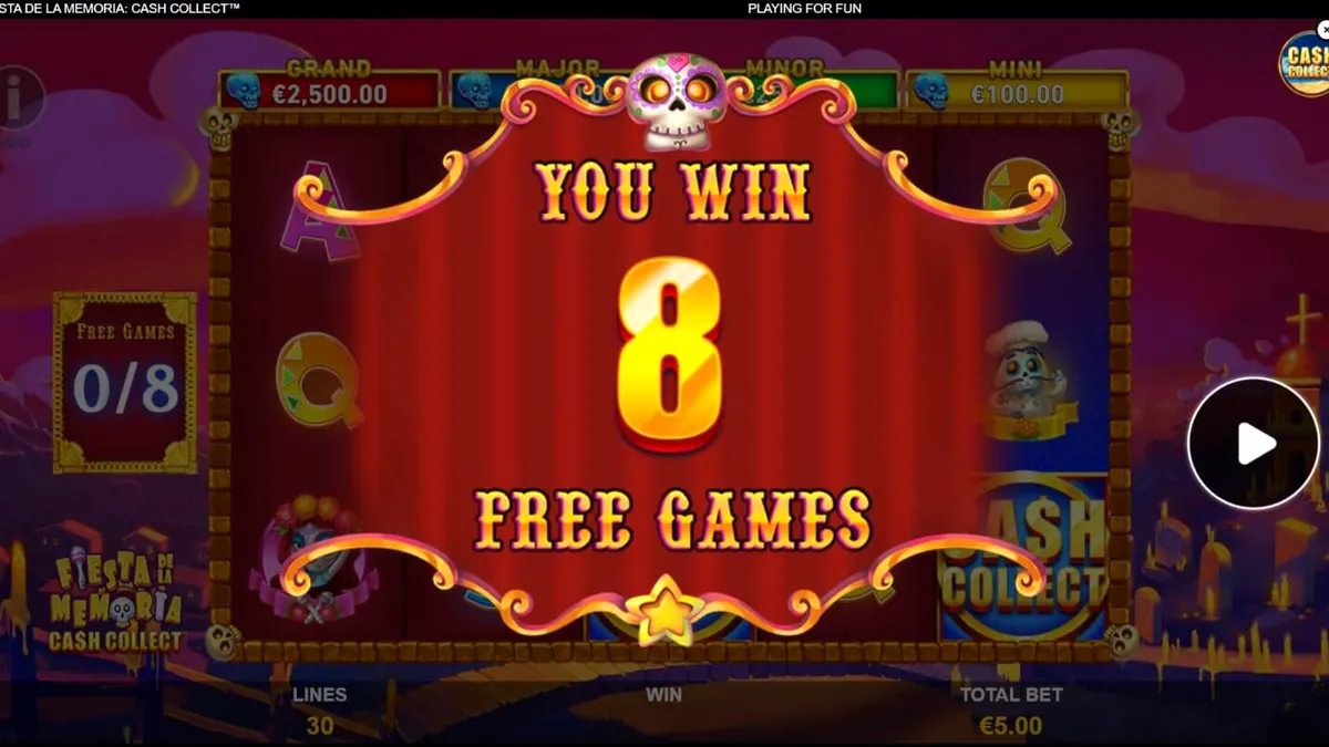 Tampilan visual slot Fiesta de la Memoria Cash Collect dengan nuansa neon Día de los Muertos