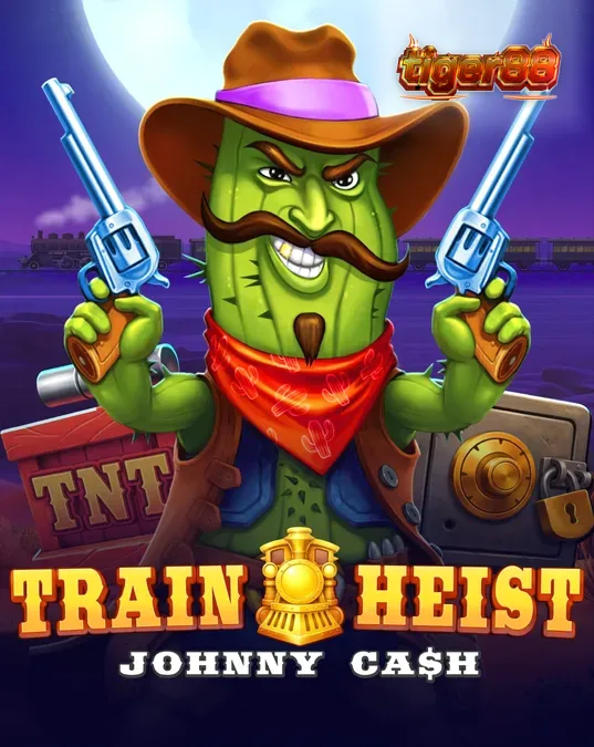 Tampilan visual slot Train Heist Johnny Cash dengan latar belakang kereta api di gurun